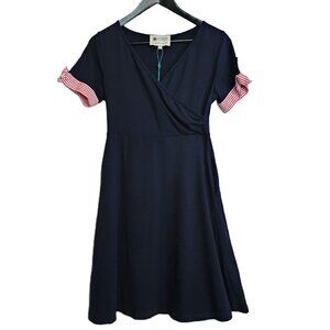 NWT ONZE MONTREAL Navy Blue & Red & White Striped Cuffs Dress Size Small